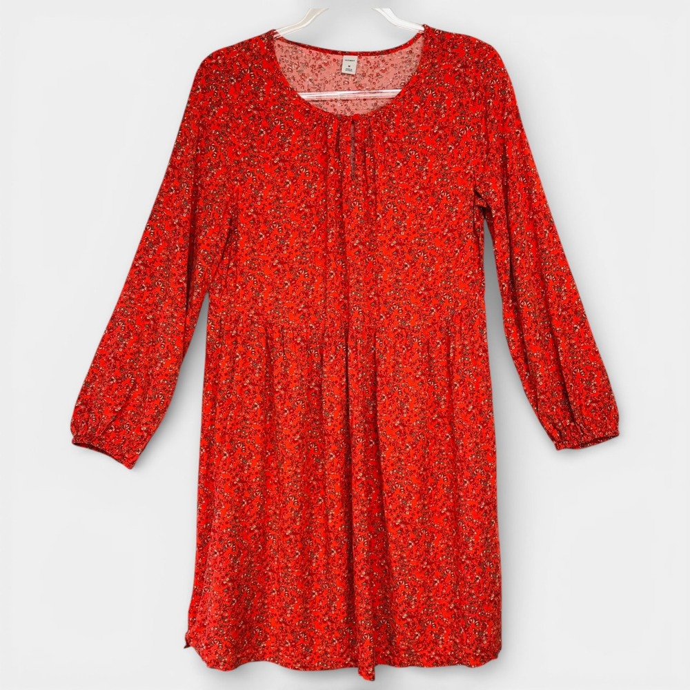 Old Navy Womens Medium Red Floral Ditsy Long Sleeve Babydoll Mini Dress Light